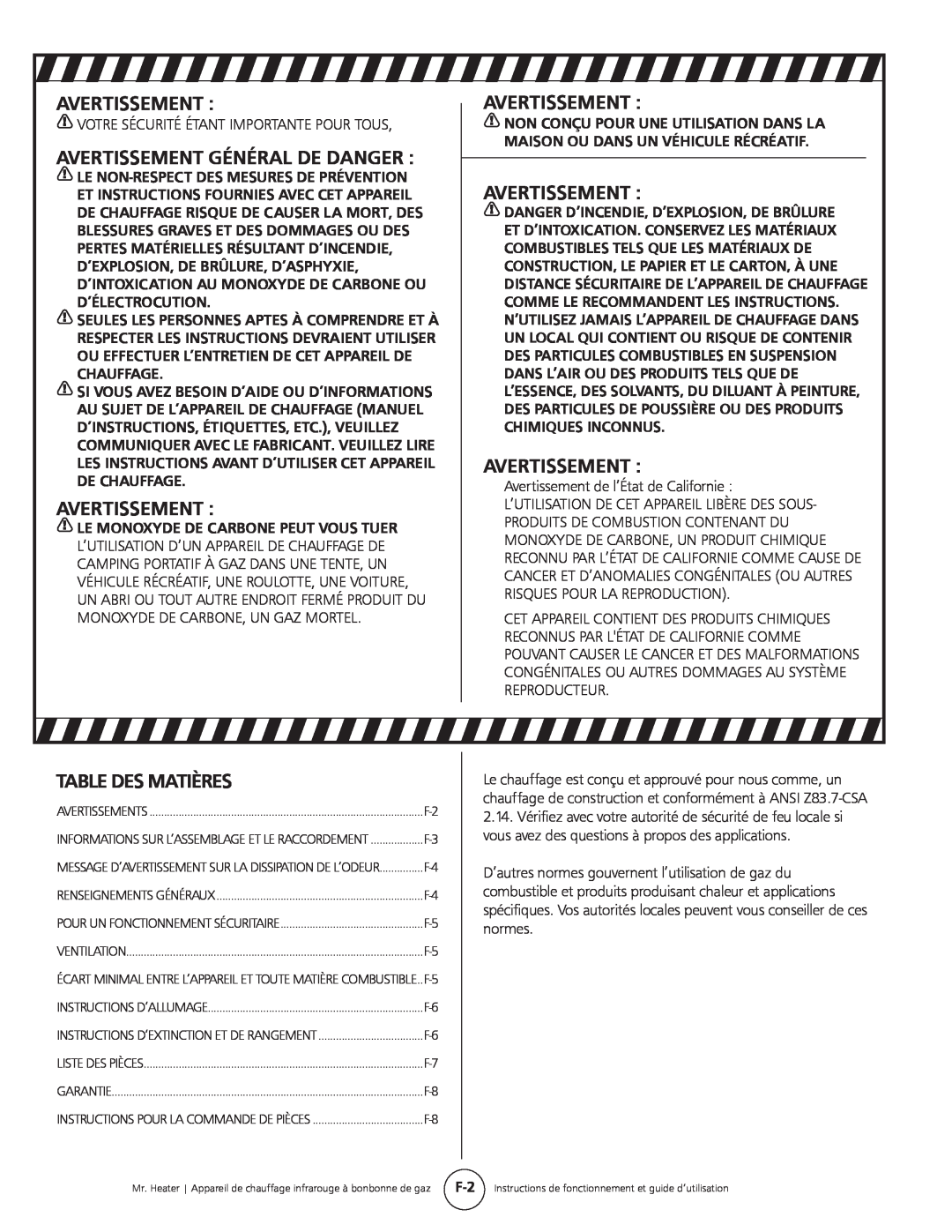 Mr. Heater MH15tS operating instructions Avertissement , Avertissement Général De Danger , Table Des Matières 